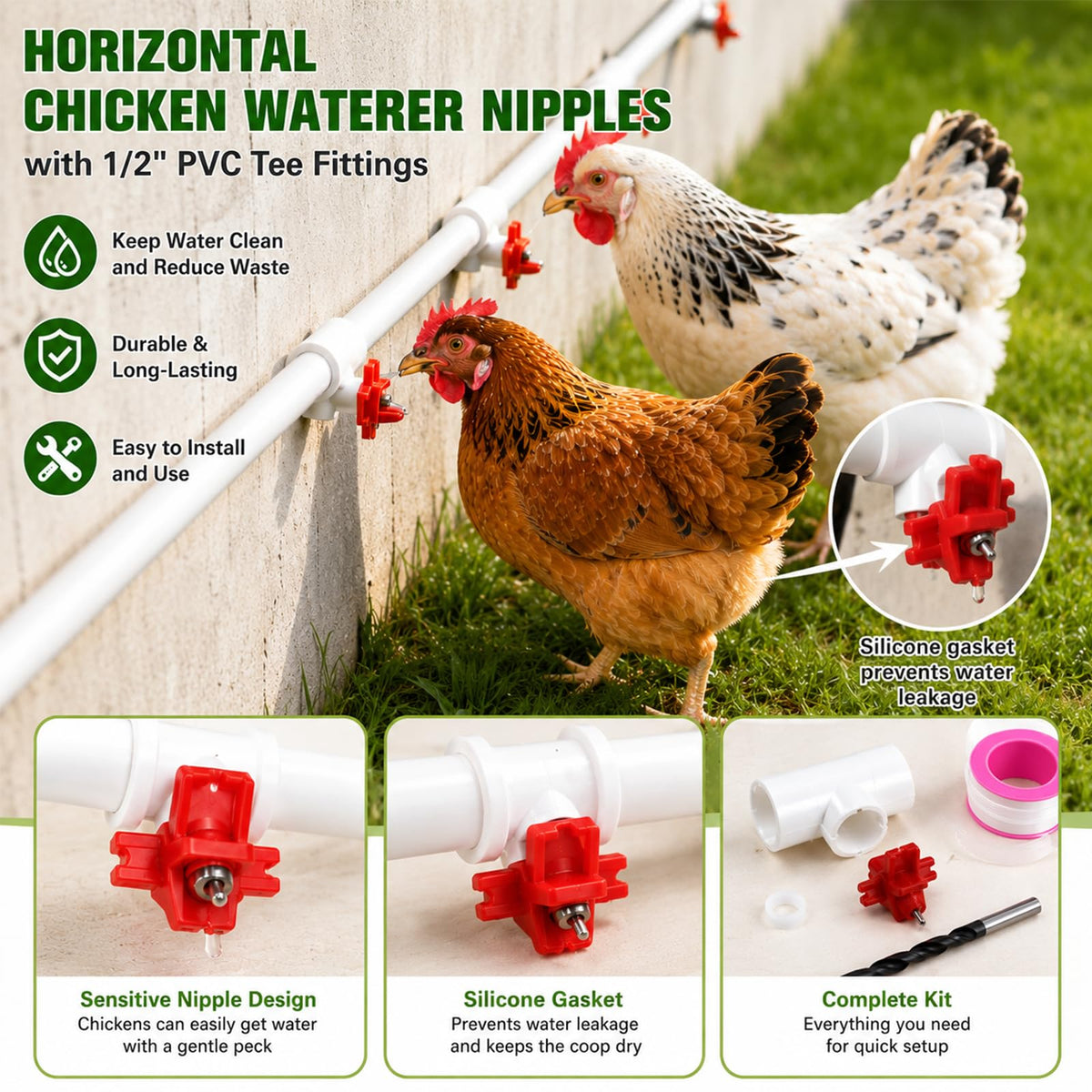 15 Pack Chicken Nipples Waterer with PVC Tee Fittings P5075