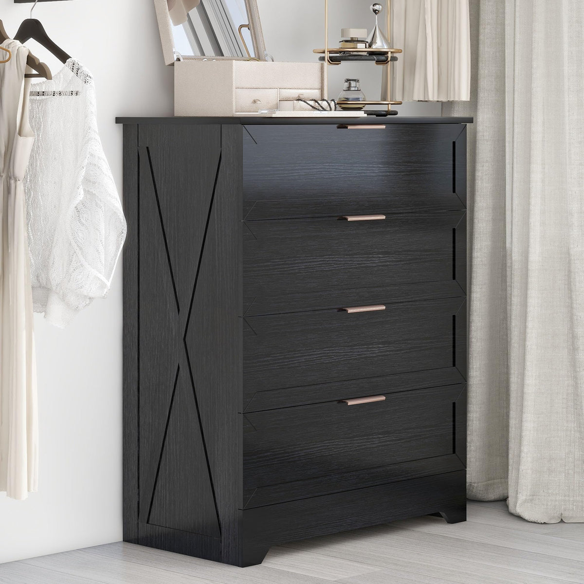 Modern Wide Wooden Chest of Drawers, Black N561888