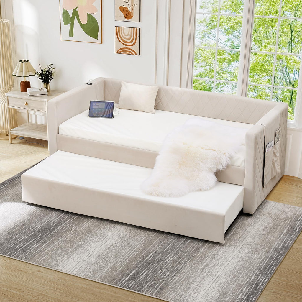Twin Size Velvet Upholstered Daybed with Trundle O8578