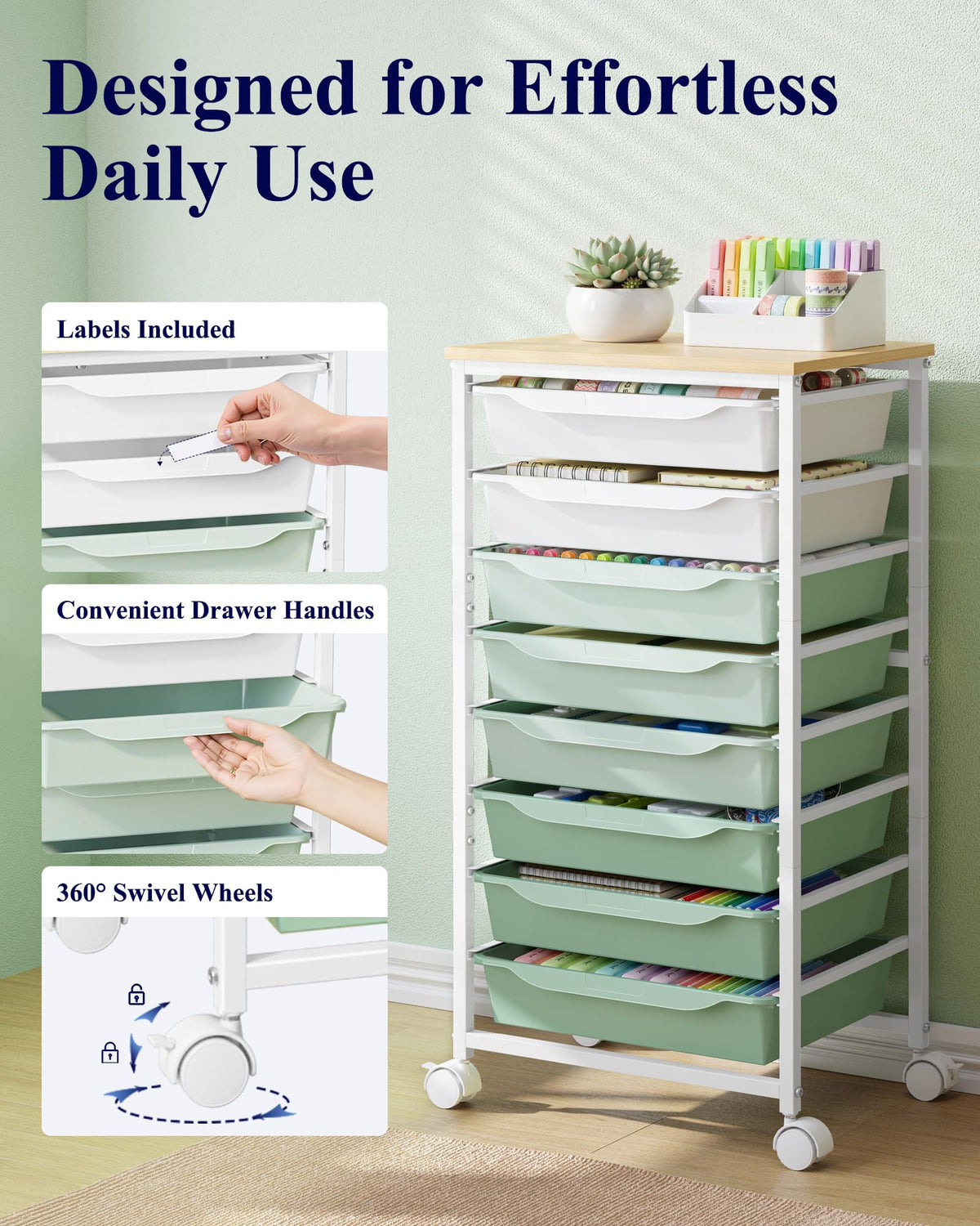 Green 8 Drawer Rolling Storage Cart V592
