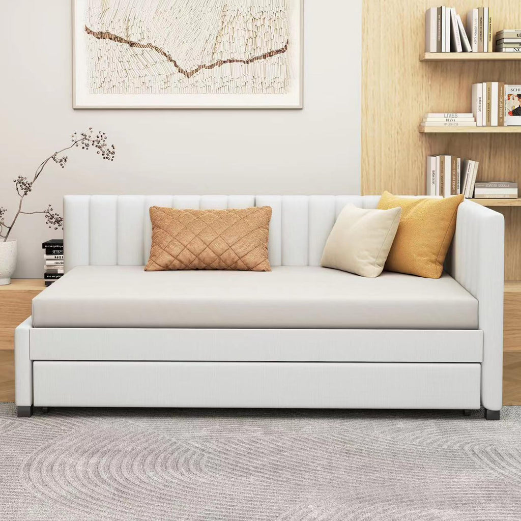 Beige Linen Twin Daybed with Pull-Out Trundle H921