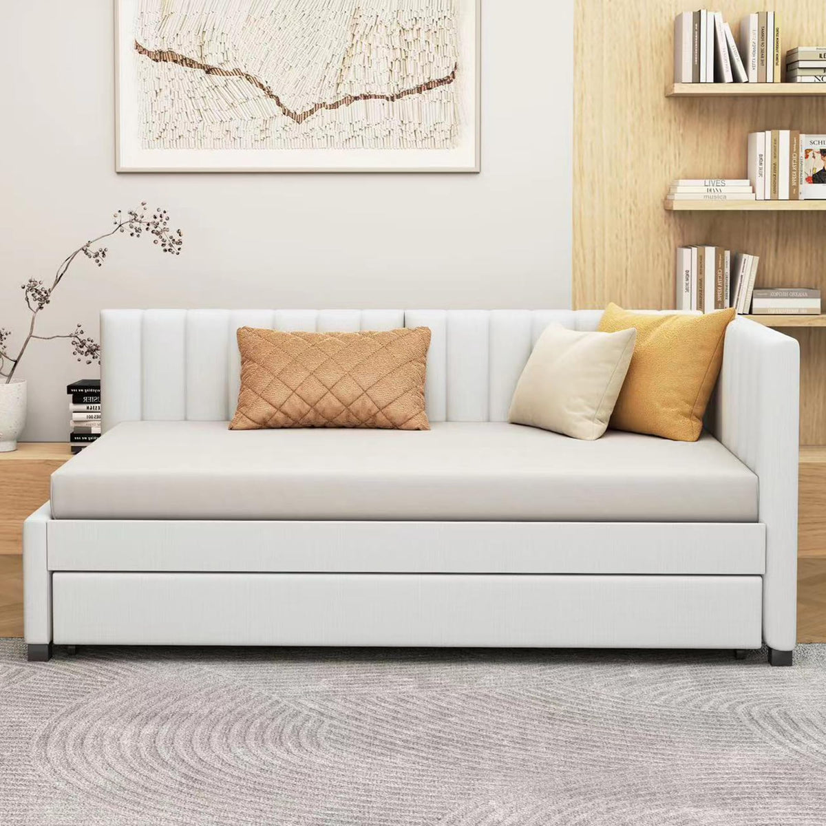 Beige Linen Twin Daybed with Pull-Out Trundle H921