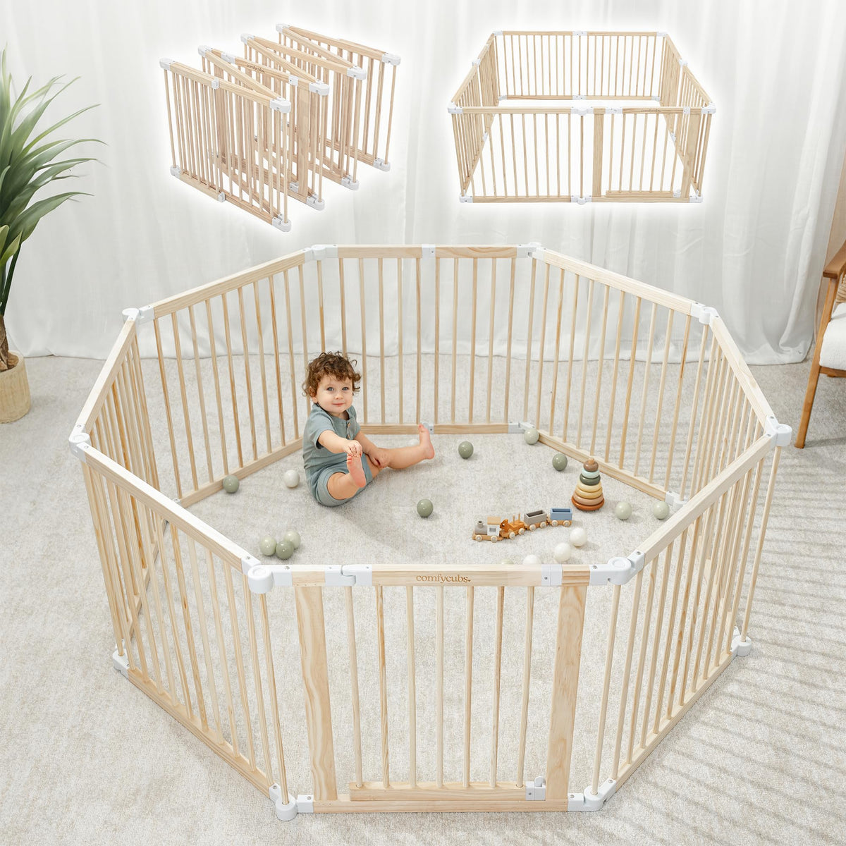 Foldable Playpen Light Wood White U60503