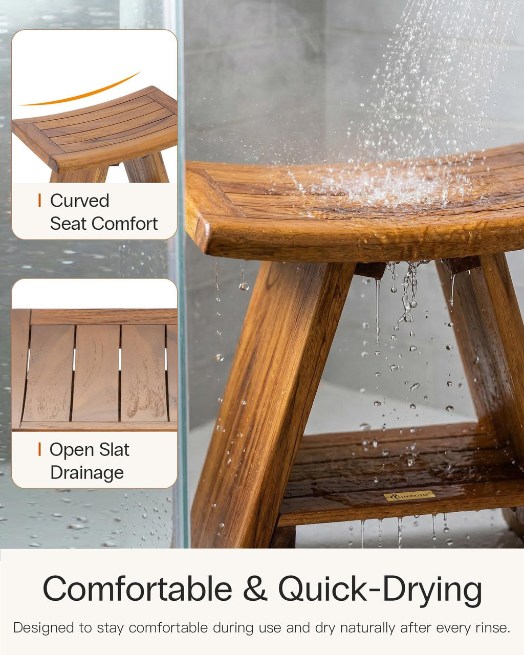 Teak Shower Stool with Shelf, 18 in, 400 lb Capacity Q8650