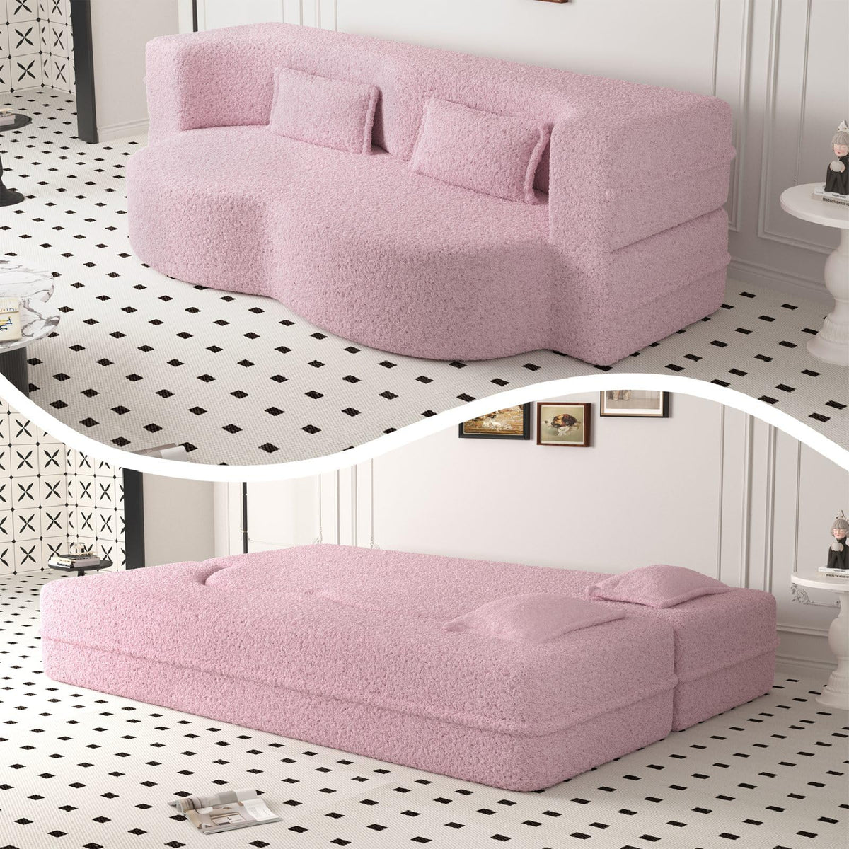 Pink Full Size Sherpa Futon Sofa Bed Y4585