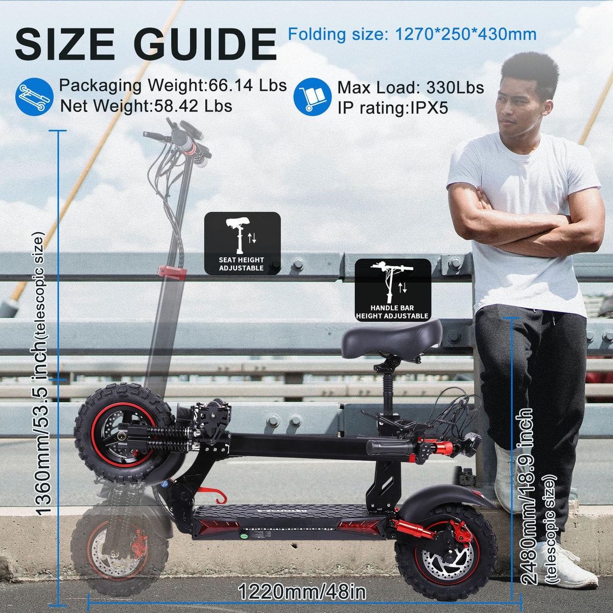 1200W 37 Mile Range 34MPH Foldable Electric Scooter with Seat M408670