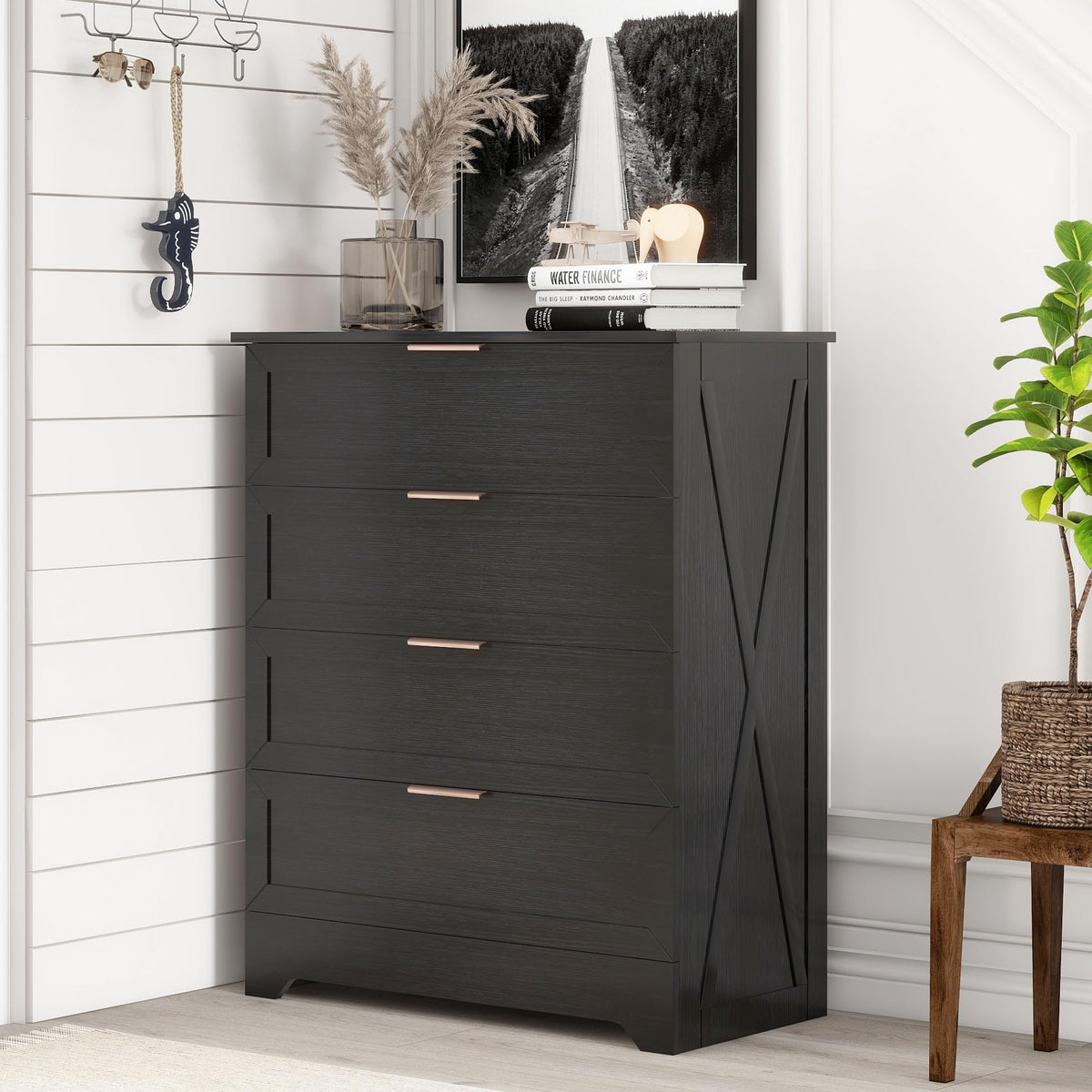 Modern Wide Wooden Chest of Drawers, Black N561888