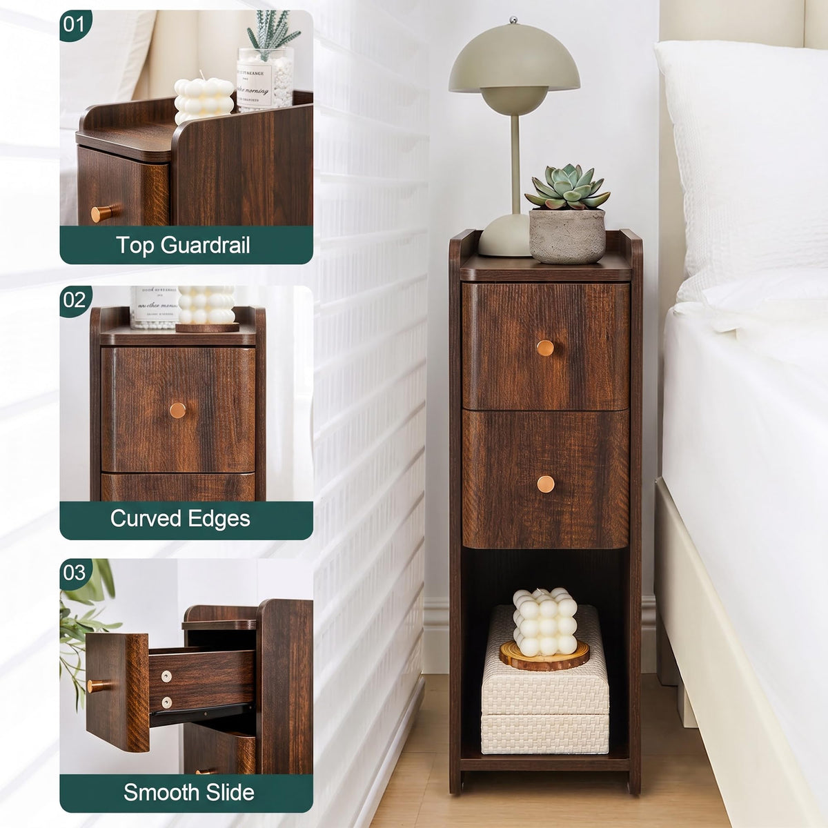 Wooden 2 Drawer Narrow Nightstand H78178