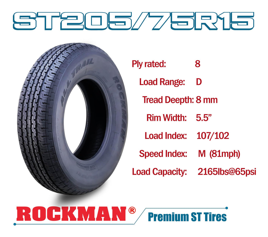 Trailer Tire Wheel ST205/75R15 8-Ply Silver Rim R718010