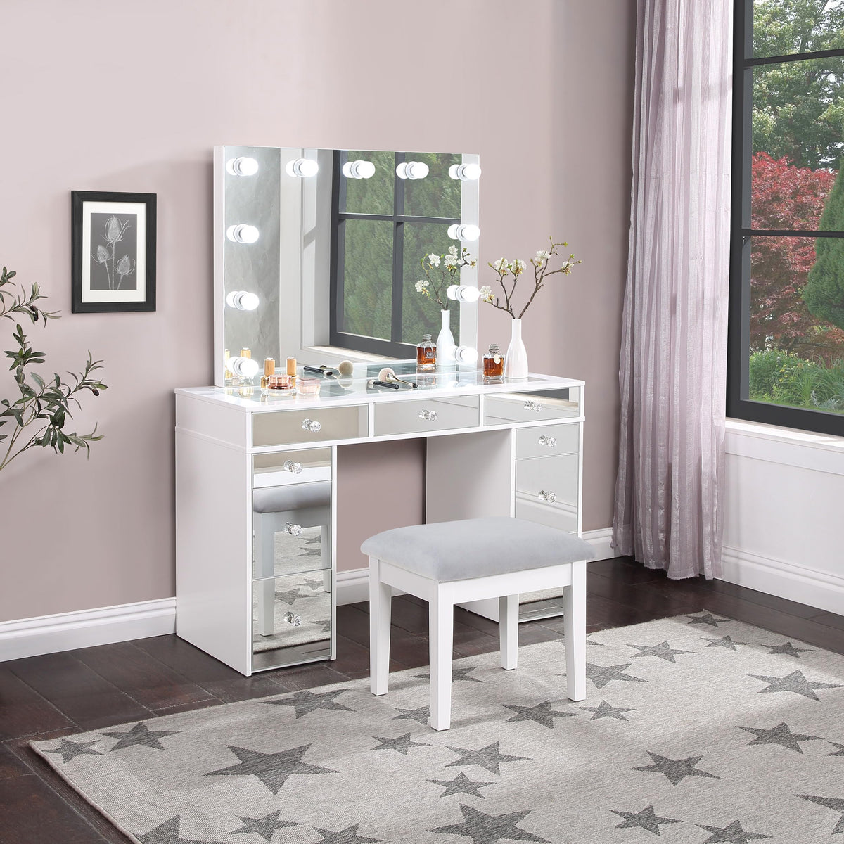 White Velvet 9-Drawer Vanity Table Set G7137